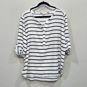 Linen Blend Stripe Shirt Top Women Large Coastal Grandma Nautical Split Neck Top